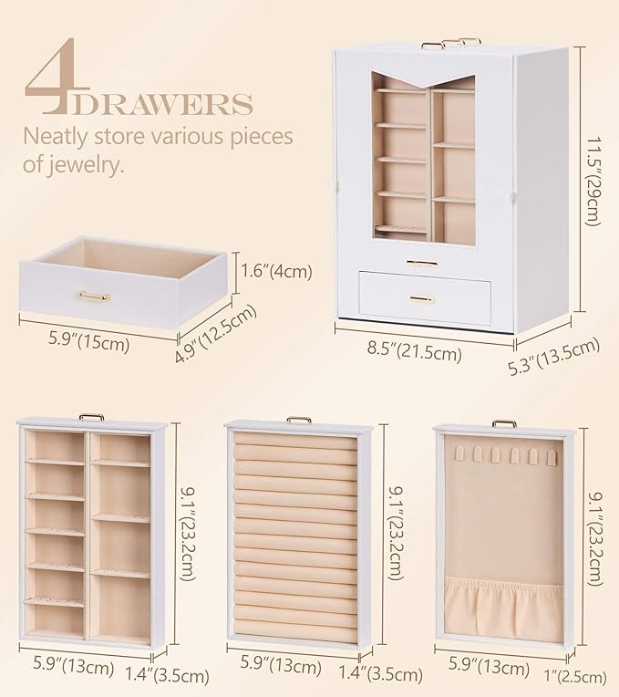 Homde Jewelry Organizer with Transparent Window Necklace Hooks Gift for Women Jewelry Box Display Case for Necklaces Rings Ea