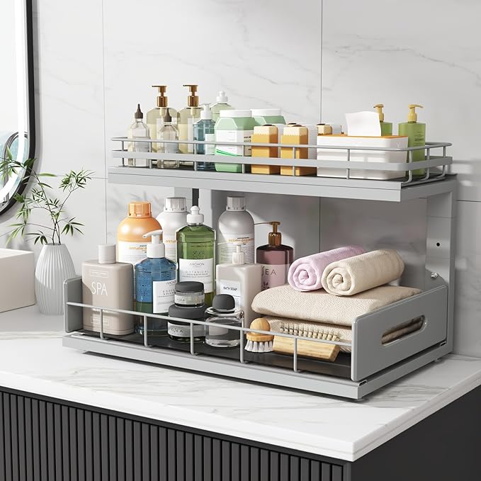 Under Sink Organizer Upgrade To Professional Rails,2-Tier Dual Pull Out Cabinet Storage,Height Adjustable Slide Out Drawers F