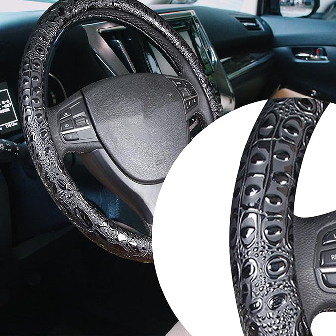Car Steering Wheel Cover Universal 15 inch Auto Antislip Leather Protector Flower Grain Black