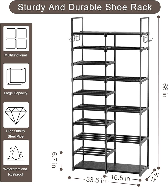 Kottwca 2 Row 10 Tier Tall Shoe Rack Organizer for Closet Entryway, 40-45 Pair Shoe Boot Storage Rack, Metal Shoe Shelf Small