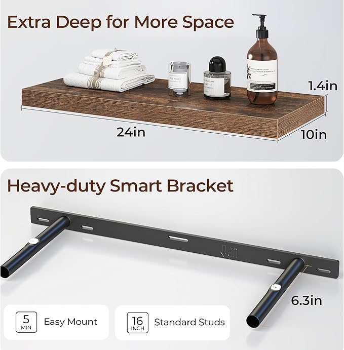 Fun Memories Floating Shelves for Wall 24 Inch Set of 3, Farmhouse Floating Shelves with Invisible Heavy Duty Bracket, 10 Inc