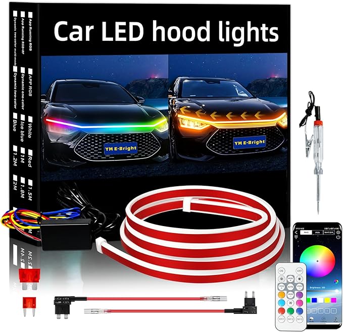 YM E-Bright Car Led Lights Exterior RGB Hood Light Strip Waterproof Multicolor Dynamic Scan Start Up Hoodbeam Kit with Turn Signal Function for Cars,Truck, SUV, APP Remote Control, 12V 59inch