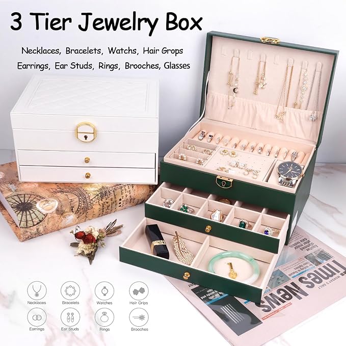 3 Layer Jewelry Box Organizer with Drawers, Lockable PU Leather Jewelry Storage Case for Mothrer's Day gifts Necklace Earring