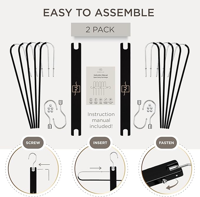 MORALVE Pants Hangers Space Saving - 2 Pack European Beechwood Scarf and Jean Hangers - Closet Organizer and Space Saver Pant