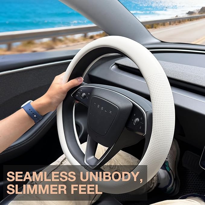 PINCTROT Nappa Leather Steering Wheel Cover for Tesla Model Y/3 Highland/Juniper, D Shaped 14 Inch Small Sized with Breathabl
