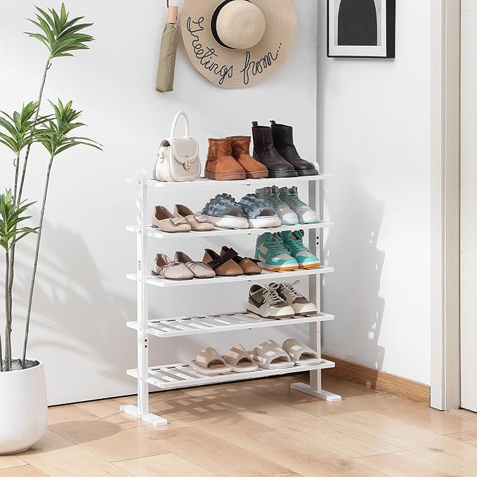 Varhomax White Shoe Rack, 5-Tier Bamboo Shoe Rack Organizer for Closet and Entryway, Thick Wooden Free Standing Shoe Shelf fo