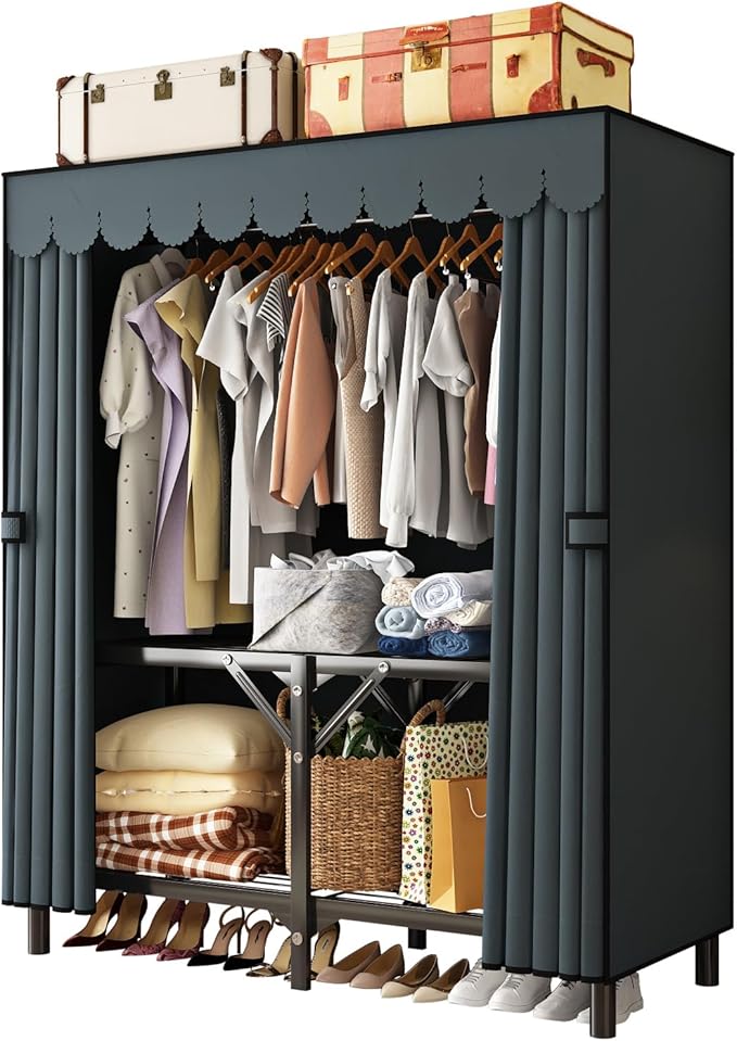Foldable Clothes Hanger with Cover Portable Wardrobe, Metal Standing Armoire Wardrobe Clothes Rack with Gray Fabric Cover,One