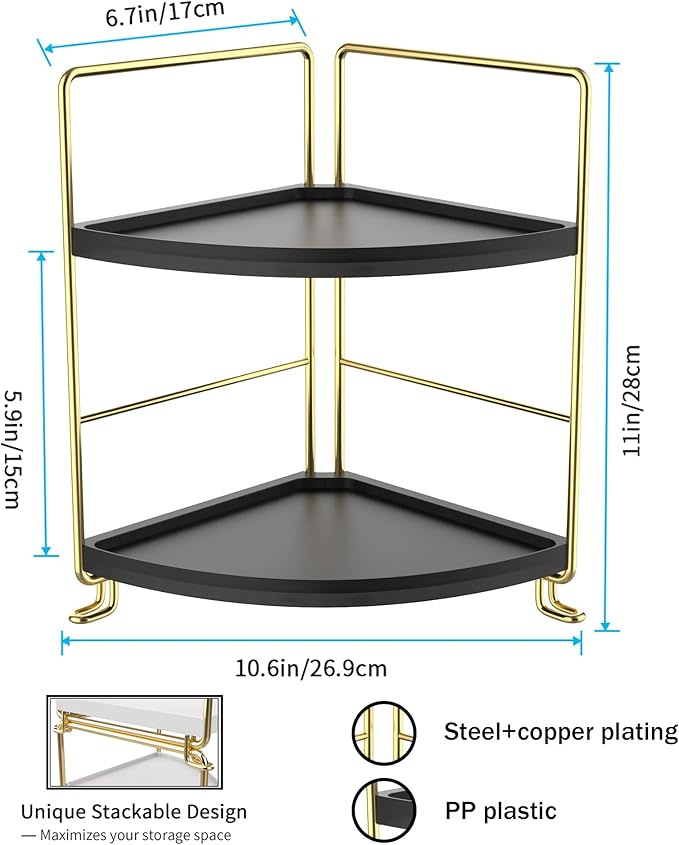 FSyueyun 2-Tier Corner Bathroom Counter Organizer, Tool-Less Installation Vanity Shelf Small Plastics Countertop Makeup Tray 