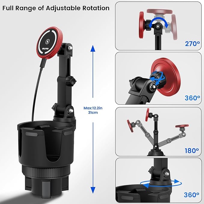 OHLPRO for MagSafe Car Charger Cup Holder Mount, 15W Fast Wireless Magnetic Charging Phone Holder for iPhone 17 16 15 14 13 S