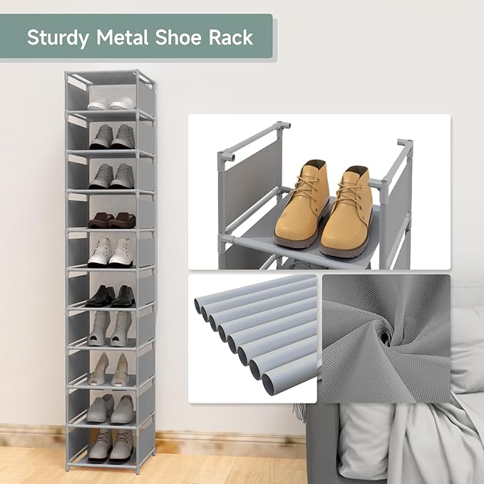 10 Tier Vertical Shoe Rack - Grey Narrow Shoe Rack for Closet & Entryway, Space Saving Tall Shoe Organizer for Small Spaces, 