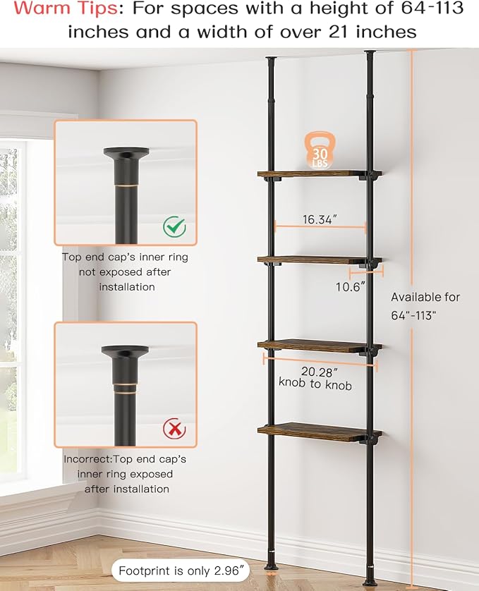 ALLZONE Adjustable Tall Narrow Bookshelf for Bedroom, 4-Tier Ladder Bookcase for Small Spaces, Tension Mount Tall Skinny Book