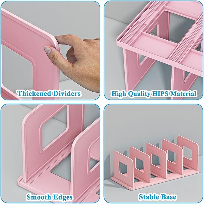 SAYEEC Desk File Sorter Vertical Desktop File Folder Organizer 4 Section Plastic Book Holder Adjustable Shelf Dividers Closet