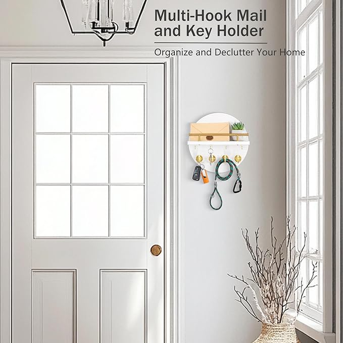 dreampossible Key Holder Wall Mount - 10.2 Inch Decorative Key Rack and Mail Organizer with 8 Key Hooks - Wooden Key Hanger w