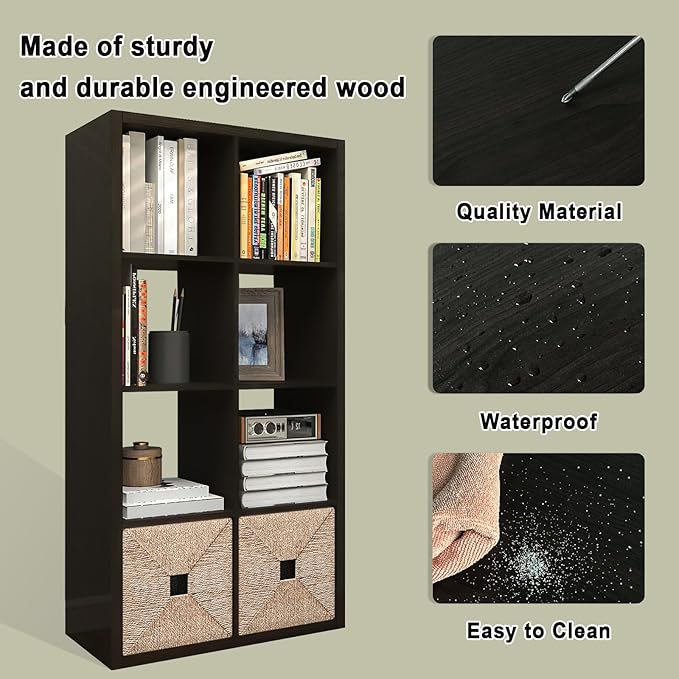 CTESNE【2026 Wooden Thick Frame 8 Cube Storage Organizer Shelf with Anti-Tipping Kits + Reversible Open Back Bookcase, Horizon