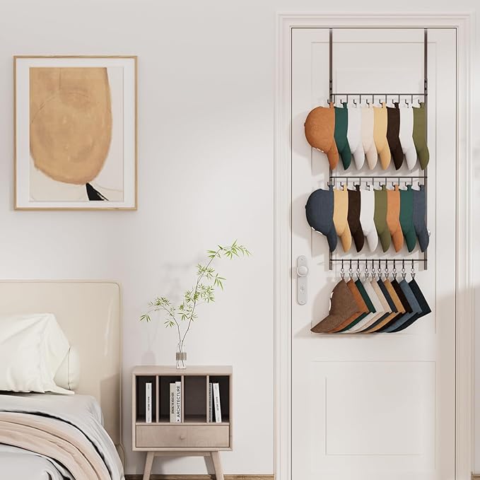 HapiRm Over Door Hat Rack - 3 Tier Wall Mounted Hat Organizer with 16 Hooks and 10 Movable Clips, Cap Hanger Storage up to 26