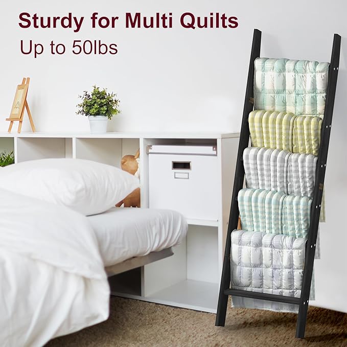 HONEST OUTFITTERS Blanket Ladders for The Living Room, 6-Tier Blanket Holder, Wall-Leaning Blanket Rack, Ladder Shelves, Wood