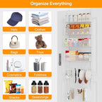 Over the Door Organizer, 2 in 1 Metal Hanging Closet Organizer & Hat Rack with 4 Adjustable Baskets, 8 Hooks, 10 Clips, Behin