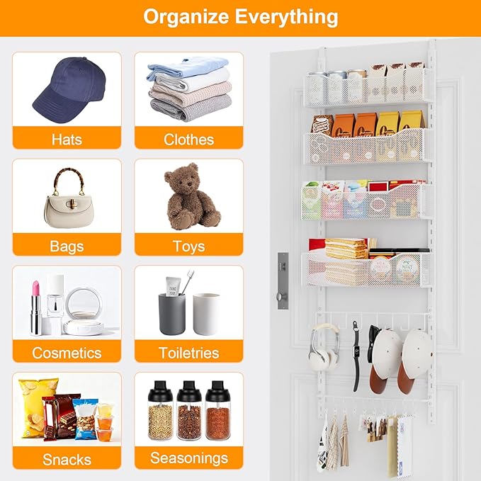 Over the Door Organizer, 2 in 1 Metal Hanging Closet Organizer & Hat Rack with 4 Adjustable Baskets, 8 Hooks, 10 Clips, Behin