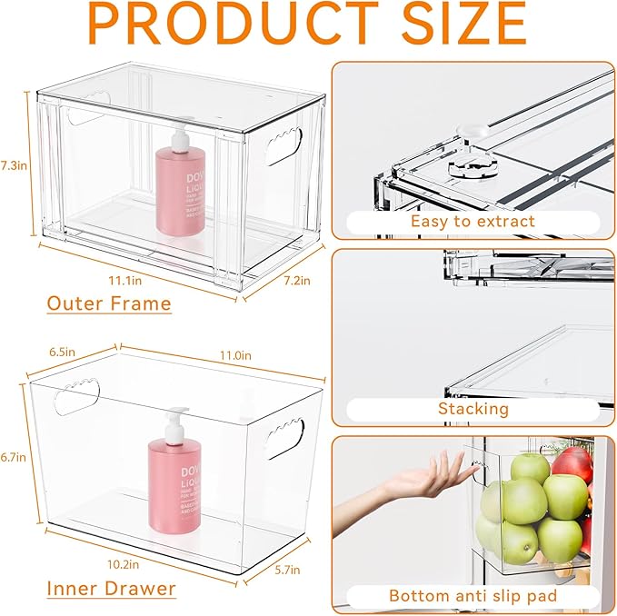 Yieach 4 Pack Large Stackable Storage Drawers,11″Deep Under Cabinet Organizer,Baby Bottle Organizer,Clear Stacking Pull Out D