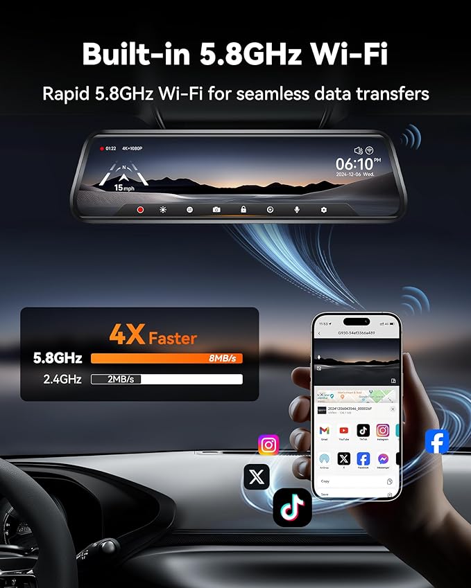 WOLFBOX G930 10'' Rear View Mirror Camera with 5.8GHz WiFi, 4K Dash Cam Front and Rear with WDR, Touch Screen Rearview Mirror