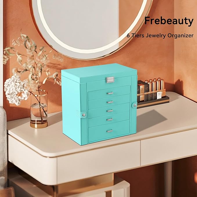 Frebeauty Large Jewelry Box,6-Tier PU Leather Jewelry Organizer,Multi-functional Storage Case with Mirror,Accessories Holder 