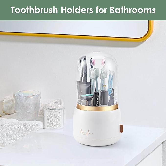 Toothbrush Holders for Bathrooms,Rotating 5-Slot with Cover and Draining Water,Kids Electric Toothbrush Holder and Toothpaste