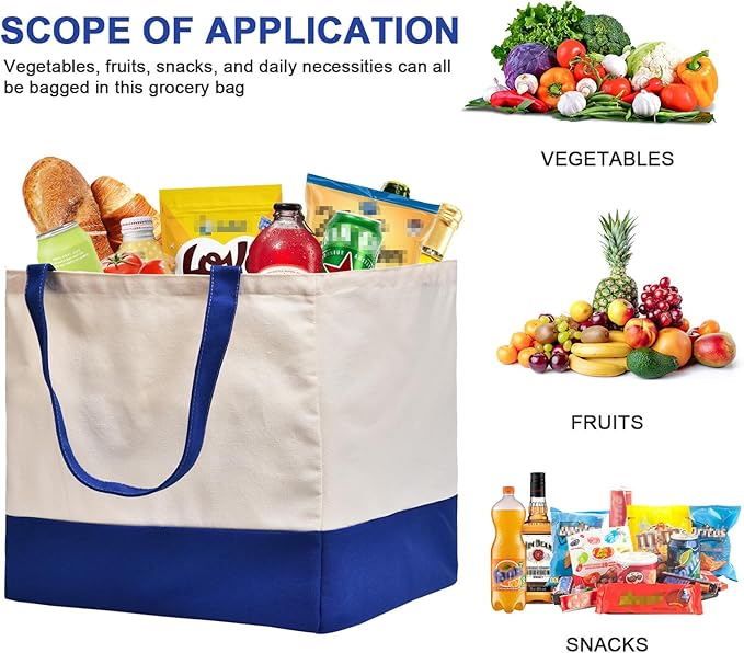 Canvas Reusable Grocery Bags Heavy Duty, 8.3 gal Foldable Large Tote Bag with Handles, Holds 60 lbs Canvas Shopping Bags, 1 Pack