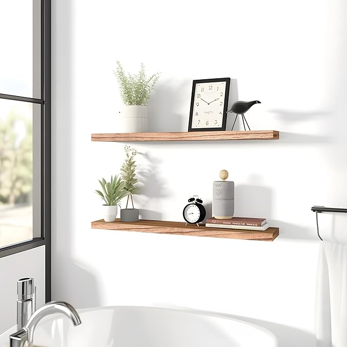 PHPH 24 Inch Wood Floating Shelves for Wall, Wooden Wall Shelves for Bedroom, Set of 4 Light Brown