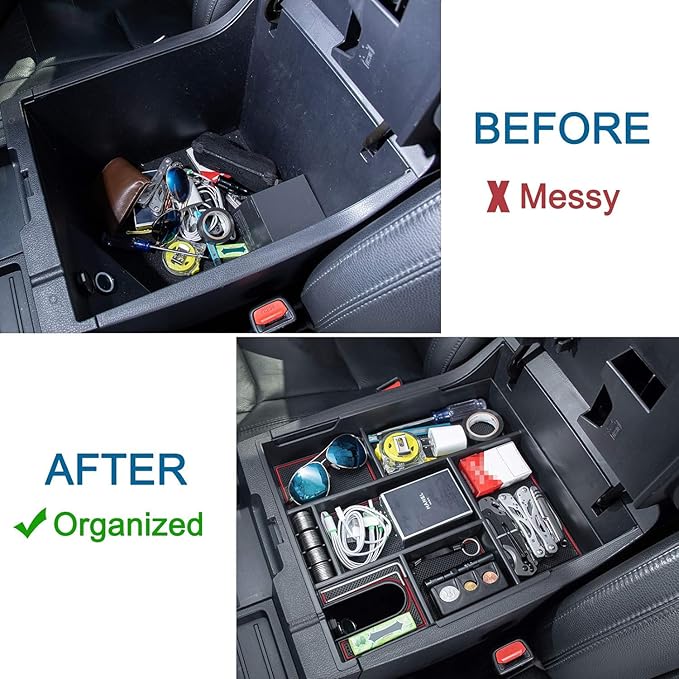 JDMCAR Compatible with Toyota Tundra Accessories 2014-2021 Center Console Organizer, Insert ABS Black Materials Tray, Armrest Secondary Storage Box - Full Tray -Red Trim