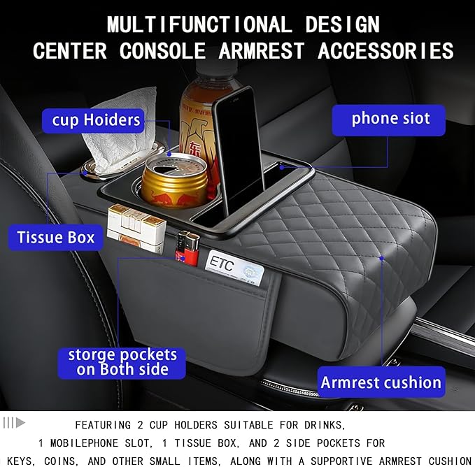 Car Armrest Cushion, Car Center Console Cover, Leather Armrest Cover for Car, Universal Middle Console Cushion with Storage Box, Cup Holder, Phone Slot, Waterproof Interior Accessories (Light gray)