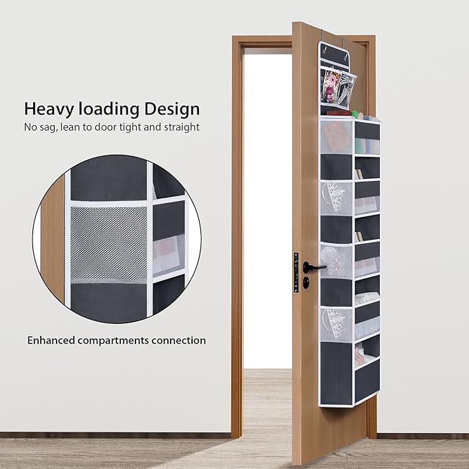 Univivi Over The Door Organizer, 6 Shelf Door Hanging Organizer Nursery Door Storage with PVC Pockets 8 Side Pockets for Bath