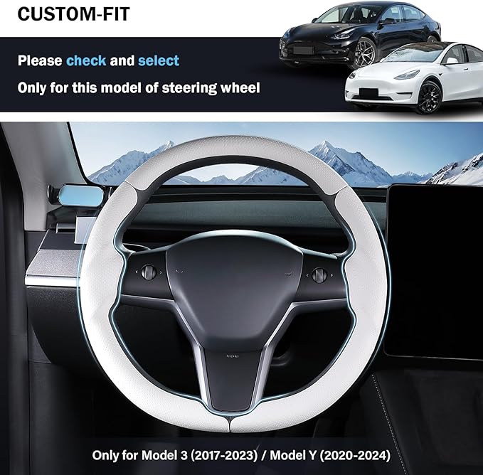 Steering Wheel Cover for Tesla Model 3 (2017-2023) / Model Y (2020-2024),Anti-Slip,Comfortable Grip, Breathable,Customized for Tesla Model 3/Y Accessories,Nappa White