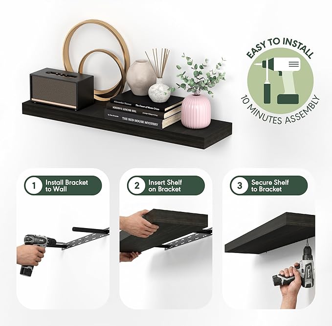 Furinno TANNA Floating Shelves for Wall Set of 2, 12 x 35 Wall Shelf, Wall Mounted Floating Shelf with Invisible Bracket, 2-i