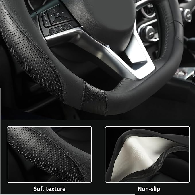 West Llama Flat Bottom Car Steering Wheel Cover for Nissan,D Shaped Steering Wheel Cover for Rogue,Altima,Kicks (Black-Standa