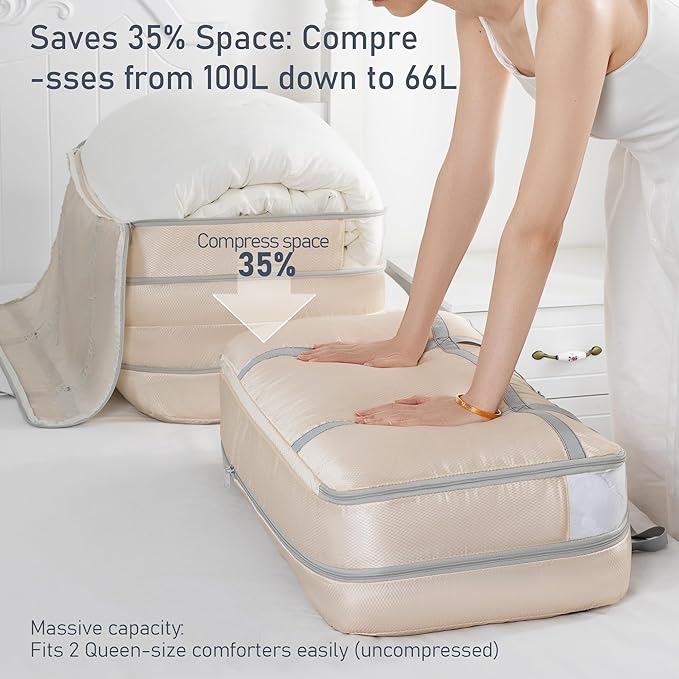 DIMJ Large Compression Comforter Storage Bag with Carry Handls, 100L Washable Blanket Storage Packing Totes, Space Saving Con