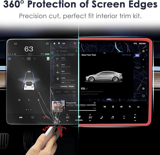 2PCS Protector Trim Frame Compatible with Tesla Model 3 Y 2019-2024 2025 Screen Edge Frame Rearview Mirror Cover Interior Silicone Decorations Center Console Decor Highland Juniper Accessories (Red)