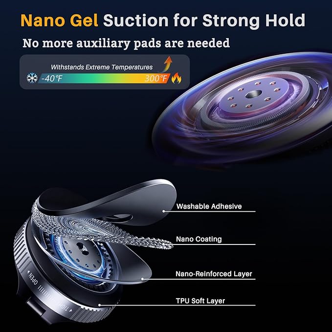 118LBS Nano Gel Suction Cup Phone Mount for Car, 360 Adjustable Vacuum Magnetic Car Phone Holder for Windshield/Dashboard, Compatible with Magsafe iPhone 12 13 14 15 16 17 Air Pro Max