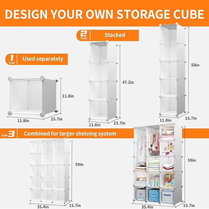 Modular Baby Wardrobe Closet, Portable Children Organizers and Storage for Nursery,15 Cubes with Hanging Rods,Multi-Functiona