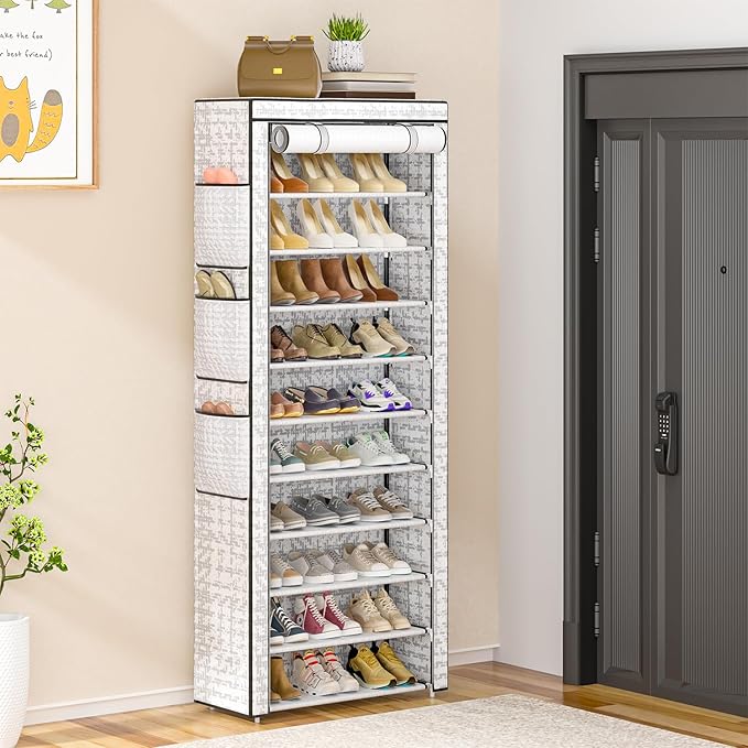 OYREL Shoes Rack 10 Tier Tall Shoe Rack with Storage Pockets, Fabric Covered Shoe Racks,Metal Shoes Rack Organizer for Closet