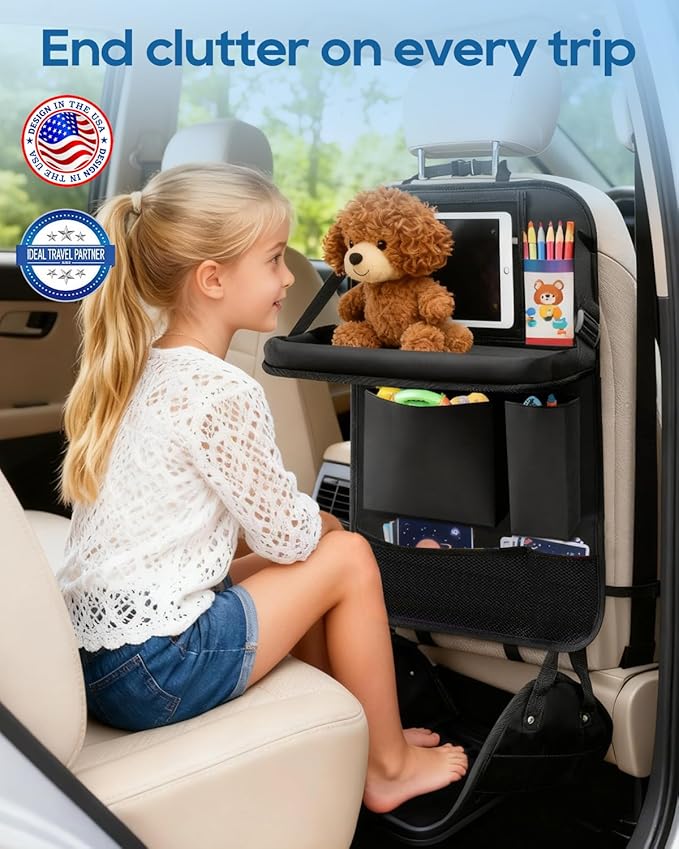 Backseat Car Organizer 4Pack with Table Tray Free Foot Hammock Car Seat Protector with Tablet Holder for Car, 7 Pockets Back Seat Organizer and Kick Mat for Kids Travel Accessories