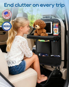 Backseat Car Organizer 4Pack with Table Tray Free Foot Hammock Car Seat Protector with Tablet Holder for Car, 7 Pockets Back Seat Organizer and Kick Mat for Kids Travel Accessories