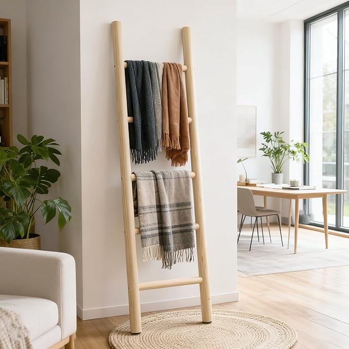 Wooden Blanket Ladder - 57in Natural Wood Color- Leaning Wall Decor for Bedroom, Bathroom, Living Room - Rustic Quilt Holder 