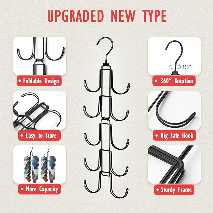 Hat Organizer for Closet, Collapsible Caps Rack with 10 Rotatable Large Hooks, Holds Up to 40 Baseball Caps, Metal Space Savi