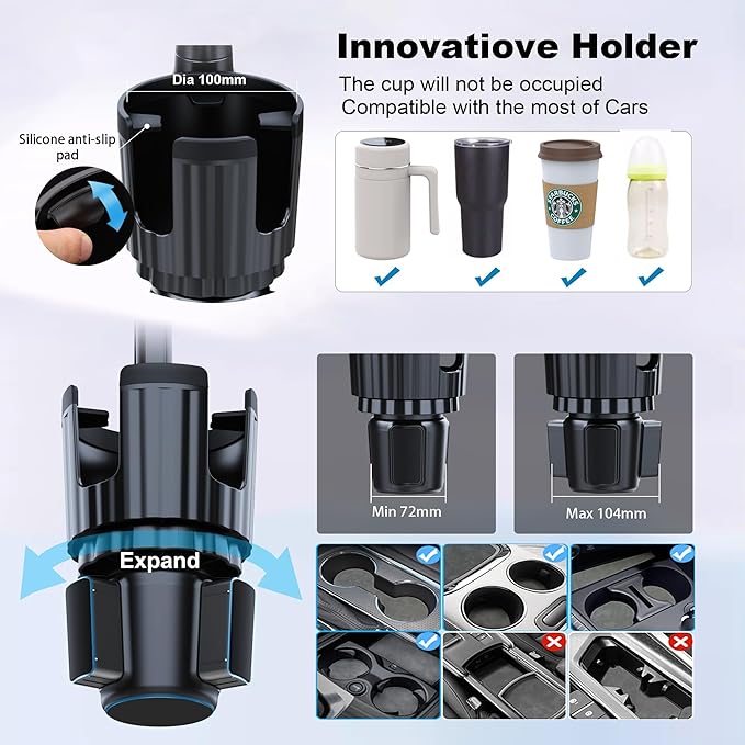 Cup Holder Phone Mount, 2 in 1 Universal Cup Holder Expander with Long Arm 360°Rotation Cup Phone Holder for Car Fits All 4-7