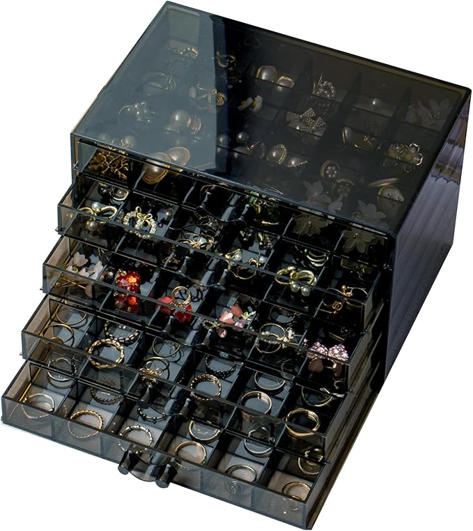 SPAKOWN Earring Organizer, Acrylic Jewelry Holder Organizer with 5 Drawers Stackable Earring Storage Case Jewelry Boxes for W