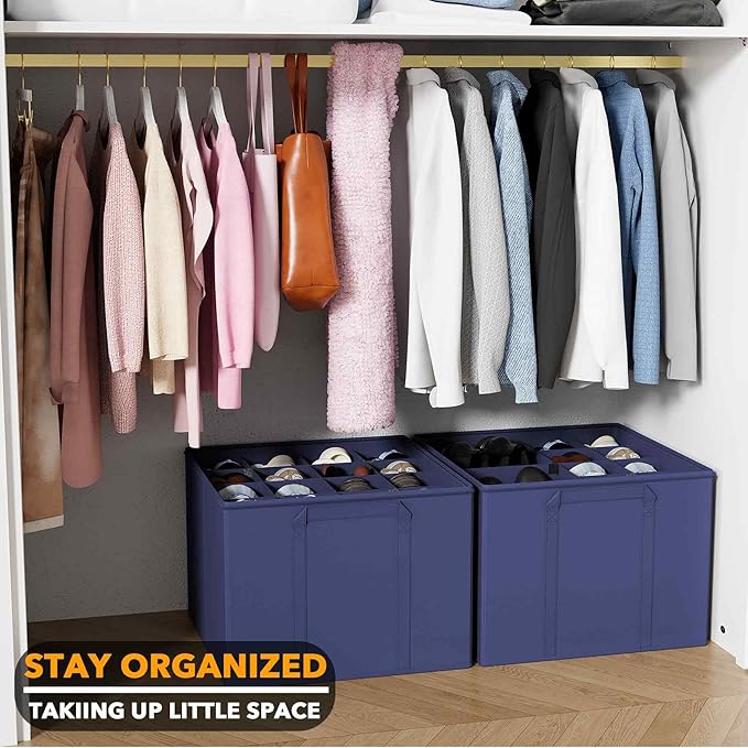 SpaceAid Shoe Organizer for Closet, 2 Pack Foldable Shoe Storage Containers Baskets Boxes Bins w/Adjustable Dividers, Fits 16