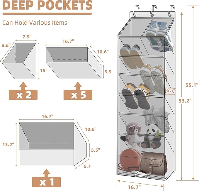 STORAGE MANIAC Over the Door Shoe Organizer with Curtain Dustproof Heavy-Duty Large Deep Pocket Hanging Shoe Organizer for Cl