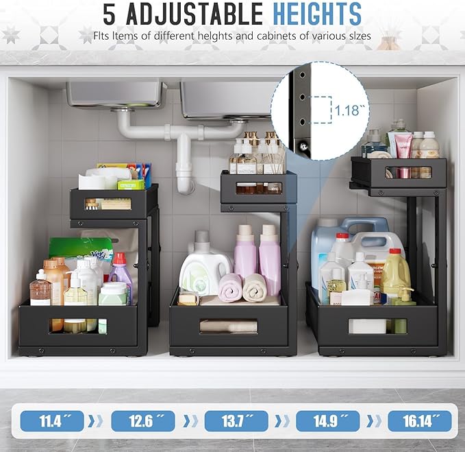 2-Pack Under Sink Storage Organizer, Large 2-Tier Elegant Mesh Pull Out Shelf for Kitchen and Bathroom Cabinet Organization, 