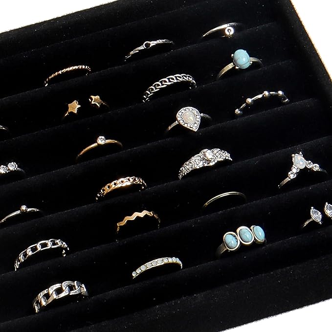 SPAKOWN Ring Box Display Holder, Clear Velvet Jewelry Storage Tray Organizer for Ring Stud Earring (Black, 5 Drawers)