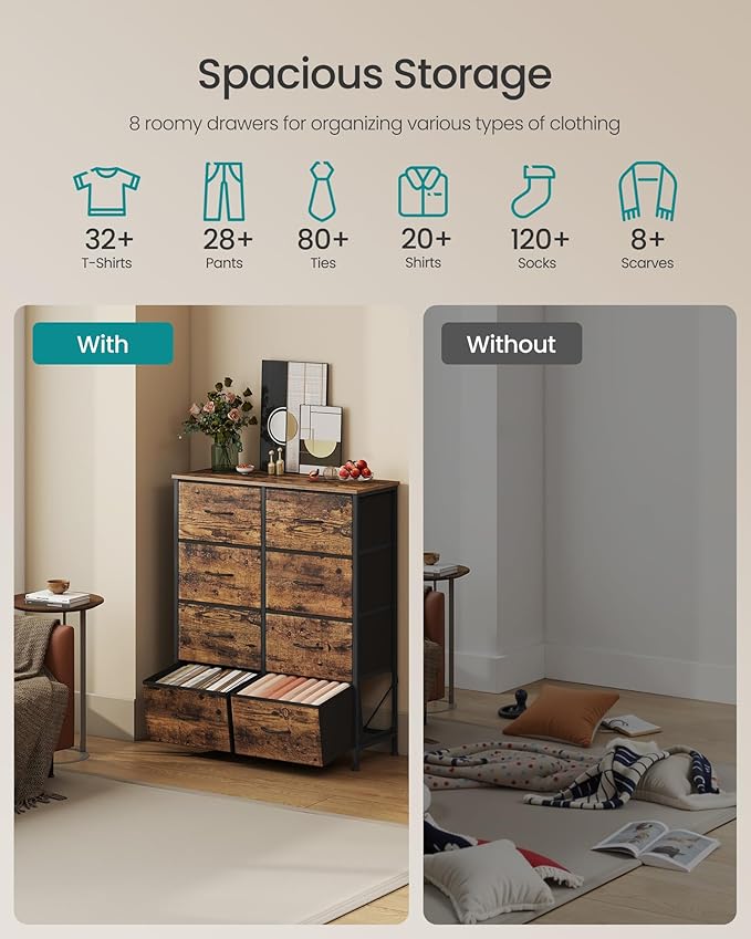 SONGMICS Dresser for Bedroom, Chest of Drawers, Steel, MDF, 8 Non-Woven Fabric Drawers, Storage Organizer Unit, Closet, Entry